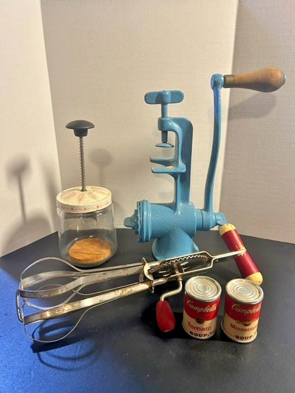 VTG Kitchen Lot Keystone Grinder Ekco Egg Beater Androck Chopper Campbell's Cans